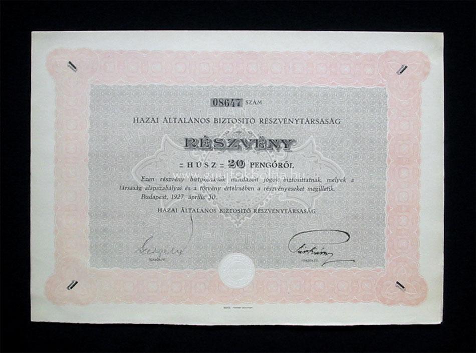 Hazai Általános Biztosító részvény 20 pengõ 1927